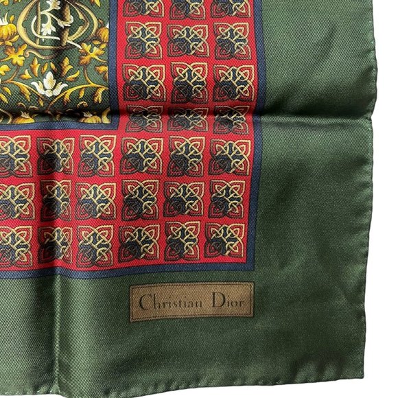CHRISTIAN DIOR: Multicolor, 100% Silk Logo Scarf 17" x 17". #1326 - Picture 2 of 6